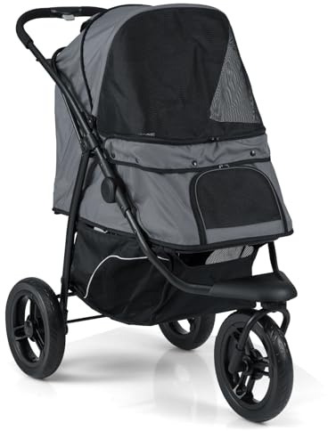 COSTWAY Dog Stroller, 3 Wheels Foldable Dogs Pushchair Cats Pram with Adjustable Canopy, Storage Basket, One-Foot Brake, Pet Travel Buggy for Small and Medium Dog Cat (Grey)