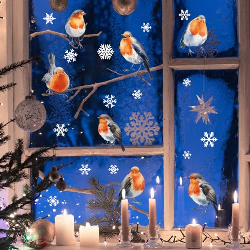 WandSticker4U®- XXL Winter Fensterbilder selbstklebend Vögel ROTKEHLCHEN, SCHNEEFLOCKEN & ÄSTEN (158x106 cm) I Fensterbilder Weihnachten wiederverwendbar Winterdeko Weihnachtsdeko Fenster GROß