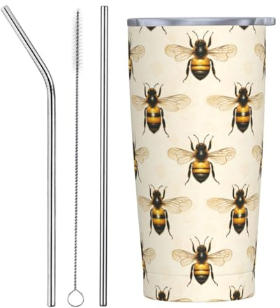 Cute Bee A Print - Vaso con tapa y popote, vasos aislados de acero inoxidable de 20 onzas, taza de café personalizada, botella de agua