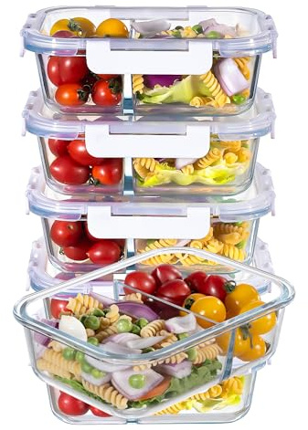 MFY Paquete de 5 recipientes de almacenamiento de vidrio con tapa de 36 onzas - Set para preparar comidas con 2 compartimentos, fiambreras herméticas de vidrio, microondas, horno