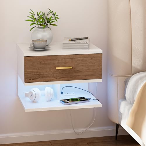 Ztexkee Hängender Nachttisch mit Steckdose Nachtschrank hängend mit RGB LED Lichtleiste und 1 Schublade 1 Fach für Schlafzimmer, Wohnzimmer Weiß-Braun