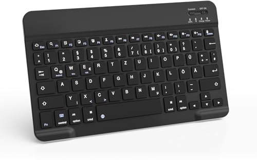 JKSML Tragbare Kabellose Bluetooth Tastatur, Deutsche QWERTZ-Layout | für iPad Air/Pro/Mini/iPad 11/10,9/10,5/10,2/9,7 Zoll/iPhone, Tablet, Android, Smartphones, Ultradünn Slim - Schwarz