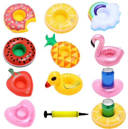 TENGWA Dryckhållare pool 10 stycken uppblåsbara flaskhållare Ø 14 cm, strandfest, uppblåsbar dryckhållare med 1 Ta med en luftpump, flytande för sommar, strandfest, pool, Hawaii-fest