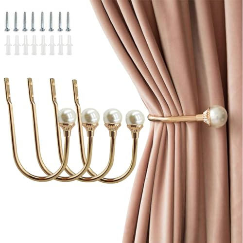 Shackcom 4 Stück Raffhalter Vorhänge U Form Perle Raffhalter für Gardinen Metall Vorhanghalter Wand Vorhang Haken Gardinenhalter Wandhalterung Curtain Hook für Haus Deko Büro Hotel Fensters - Gold
