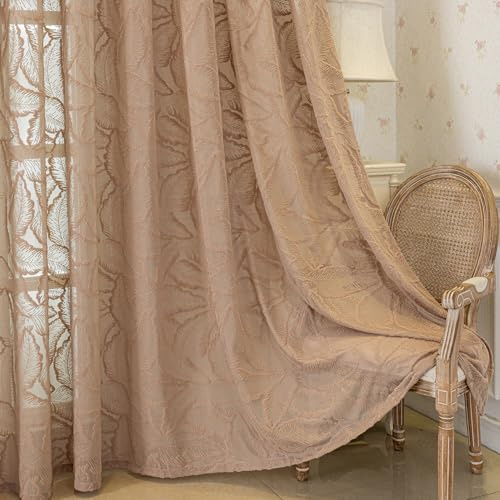 Gardinen Tufted Blätter Muster Ösenvorhang Gardinenschals Halbtransparente | Braun Vorhäng Transparent Lichtdurchlässig Ösen Landhaus Ösenschals Vorhang Schlafzimmer Wohnzimmer 2 Stück 140x245cm