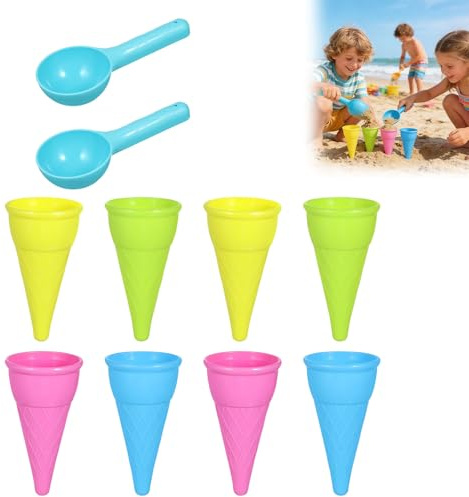 10er-Set Eisformen mit Kugellöffel Bunte Eiswaffeln aus Kunststoff – Ideal für Kinder zum Spielen Am Strand Und im Freien 2 Eiswaffellöffel + 8 Eiswaffeln, Sandspielzeug Sandkasten Spielzeug