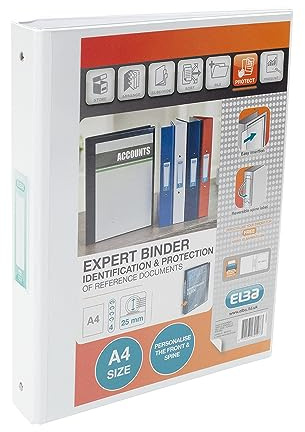 Elba A4 4 O-Ring Binder, 25mm capacity, 30mm spine, Presentation Folder with Customisable Cover, Portrait, White (Single)