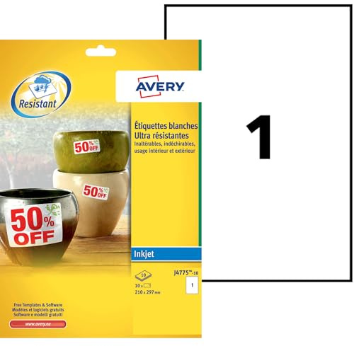 AVERY Zweckform J4775-10 Wetterfeste Folienetiketten (210x297 mm auf DIN A4, Inkjet, extrem stark selbstklebend, bedruckbare Outdoor Klebefolie) 10 Aufkleber auf 10 Blatt weiß, 10 Stück, 210 x 297 mm | 10 Aufkleber, Folienetiketten, Outdoor Klebefolie, extrem stark selbstklebend, strapazierfähig, Inkjet-Drucker 10 Blatt, weiß