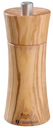 Zassenhaus Pfeffermühle Frankfurt Olivenholz Mahlwerk aus Hochleistungskeramik, Made in Germany, Maße: H: 14 cm, D: 5,4 cm, 022407 | Stufenlos einstellbar von Mahlgrad 1 bis 6, Made in Germany, mit 25 Jahren Garantie auf das Keramik-Mahlwerk