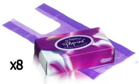 8 X Pop-ins Fragrant Sanitary Disposal Bags (50 bags) BATHROOM OFFICE HYGENE