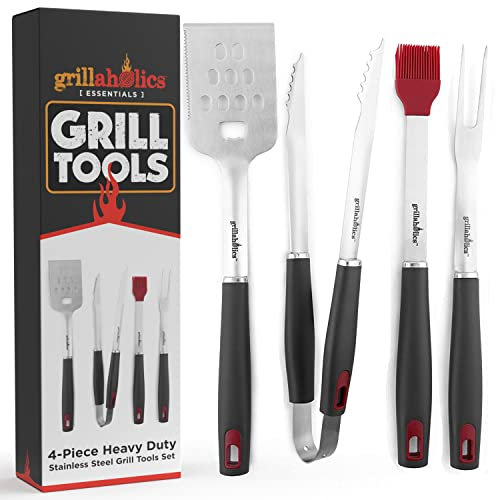 Grillaholics Grillbesteck-Set - 4-teiliges Grillwerkzeug-Set – Hochwertige Grillutensilien aus Edelstahl - Premium-Grillzubehör - Grillwender, Grillzange, Grillgabel und Grillpinsel