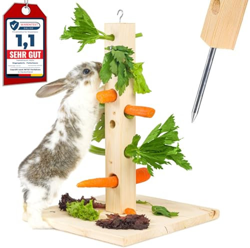 Nagergaleria® Futterbaum Kaninchen Meerschweinchen mit Bodenplatte aus Holz und Erdspieß fürs Freigehege Hasen | Heuraufe Kaninchen