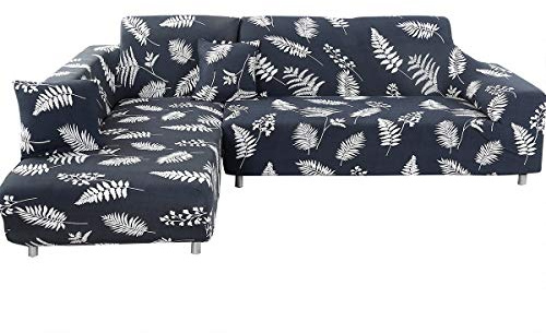 ele ELEOPTION Sofa Überwürfe elastische Stretch Sofa Bezug 2er Set 3 Sitzer für L Form Sofa inkl. 2 Stücke Kissenbezug (Schwarz Blattes)