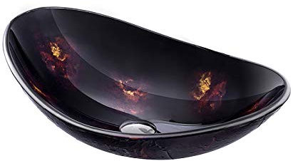 Waschbecken Gehärtetes Glas Aufsatzwaschbecken Waschbecken Waschschale Oval Waschplatz Handwaschbecken Arbeitsplatten Installation Glas Waschbecken Set mit Abflussgarnitur,Schwarz