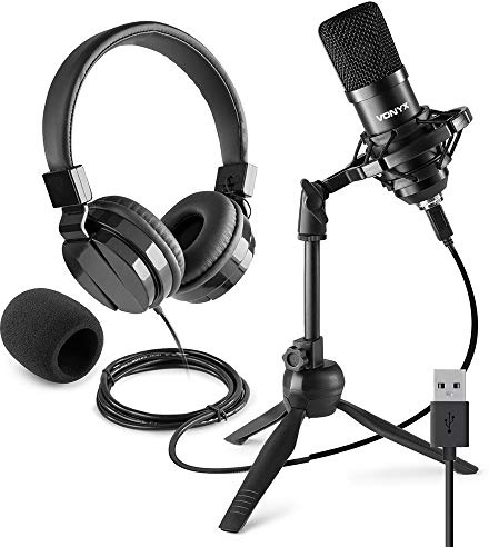 VONYX CM300B USB Studio Microphone & VH120 Padded Over-Ear Headphones Kit - Condenser PC Mic Set for Podcasting, Home Recording, Gaming, Skype, Voiceovers - Shock Mount & Tripod Included