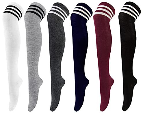 Chalier Cozy 6 Paar Damen Kniestrümpfe Overknee Strümpfe Lange Gestreifte Socken Thigh High Socks Beinwärmer Schenkel Socken für Mädchen