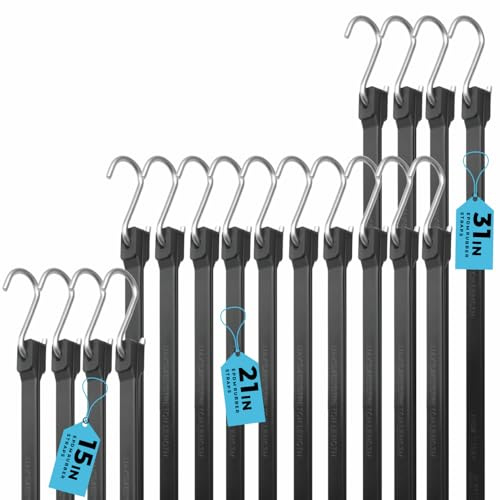 XSTRAP STANDARD 20 Pack Multiple Size Natural Rubber Tarp Bungee Straps Tie Down Cords with S Hooks Heavy Duty Ideal EPDM Bungee Cords for Outdoor, Tarp Covers, Canvas Canopies and Cargo