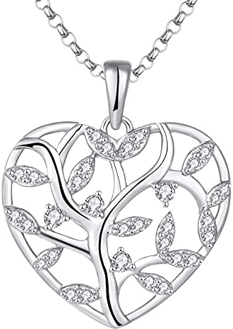 JO WISDOM Collana di Albero della vita Argento 925 Donna,Ciondolo con Catena Cuore Zirconia cubica 3A con baño de oro blanco