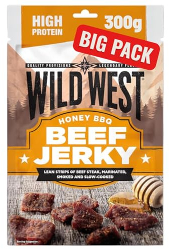 Wild West Beef Jerky, 300g Honey BBQ Rindfleisch, Beef Jerky high Protein Trockenfleisch, Protein Snack
