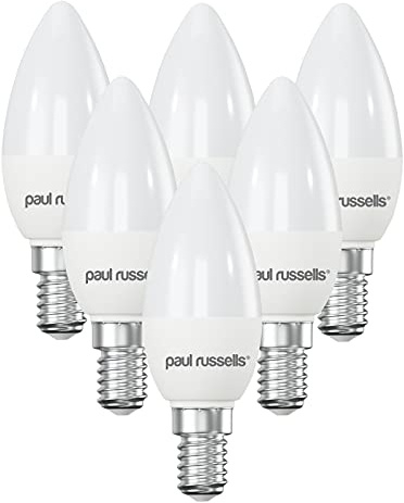paul russells LED Light Small Edison Screw E14, 60watt Equivalent, 6.5W 806LM LED Bulbs, 2700K Bright Warm White, Frosted C35 SES Candle Energy Saving Non-Dimmable Chandelier Lightbulbs, 6 Pack