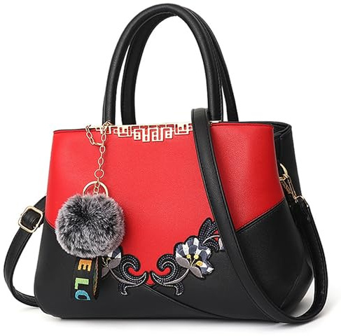 VARLIVOO Handtasche Damen Mittelgroß Elegant Taschen mit Blumenstickerei Leader PU Henkeltasche Frauen Schultertasche Shopper Mit Plüschanhänger fur Reisen Büro Einkauf Rote B