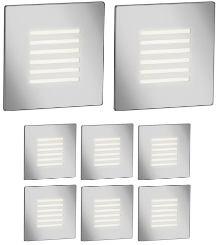 ledscom.de Lámpara de escalera/empotrable de pared FEX con 8 LED, para interior y exterior, rejilla, forma cuadrada, acero inoxidable, 85 x 85 mm, blanco cálido