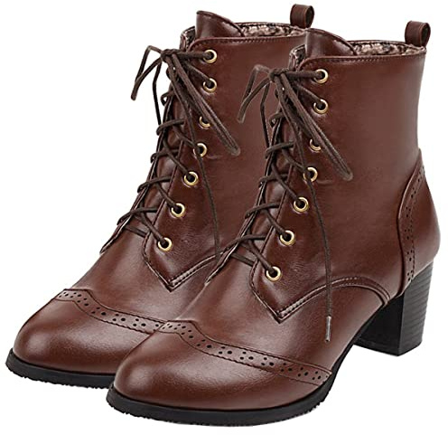 Betastella Women's Wingtip Lace Up Booties Chunky Heel Ankle Boots, Size 6.5, Brown