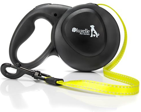 bluzelle 8m Lange Hundeleine für Hunde bis 50kg, Flexible Rollleine Neon-Gelb Leuchtender Reflektor-Gurt mit 360° Karabinerhaken Metall, Ergonomischer Griff Schwarz Gummiert & Einzugs-Bremse, Schwarz