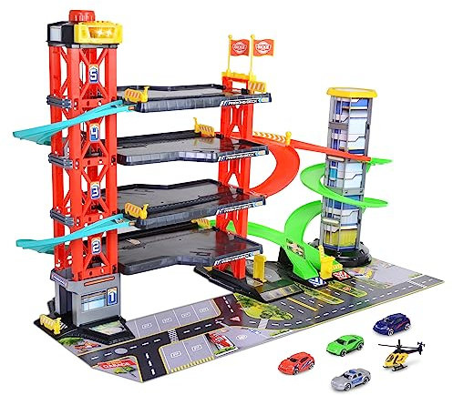 Dickie Toys - 4-stöckiges Parkhaus für Kinder ab 3 Jahre (87x52 cm) mit Zubehör - große Spielzeug-Parkgarage auf 5 Ebenen mit Aufzug, Rennbahn, Spielzeugautos, Hubschrauber, Licht & Sound