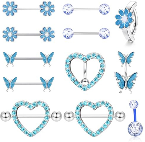 Kakonia 14G Nippelpiercing und Bauchnabelpiercing Set für Frauen Mädchen Chirurgenstahl Nippelringe Herz Schmetterling Blume Brustwarzenpiercing Niedlicher Nippelring Körper Piercing Schmuck