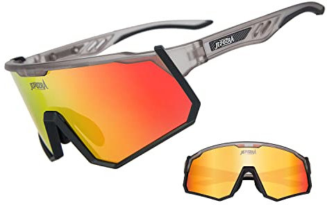 JEPOZRA Sport Sonnenbrille Fahrradbrille Sportbrille mit 4 Wechselgläser für Outdooraktivitäten Radfahren Laufen Klettern Autofahren Laufen Angeln (Grau)