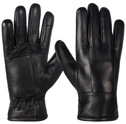 DOOWELL Winter Genuine Sheepskin Leather Gloves For Men,Black Touchscreen Glove,Driving Motorcycle Gloves with Warm Lining-L