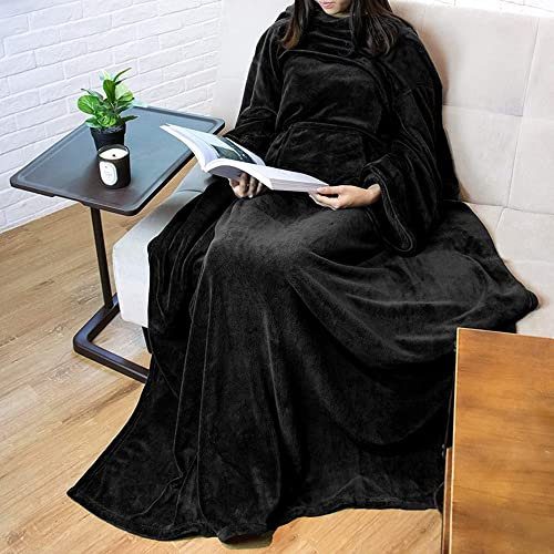 Wisada Schwarz Kuscheldecke, Winter Klimadecke, Tragbar Ganzkörperdecke, Extra Lang Decke mit Ärmeln, Flauschige Flanell TV-Decke für Herren,Damen (170 * 200CM)