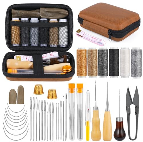 ENCHOL 45Pcs Leather Sewing Kit, Upholstery Repair Sewing Kit Includes Thread and Sewing Needle, Sewing Thread Kits with Complete Accessories for Leather Sewing, Furniture Repair Craft Projects