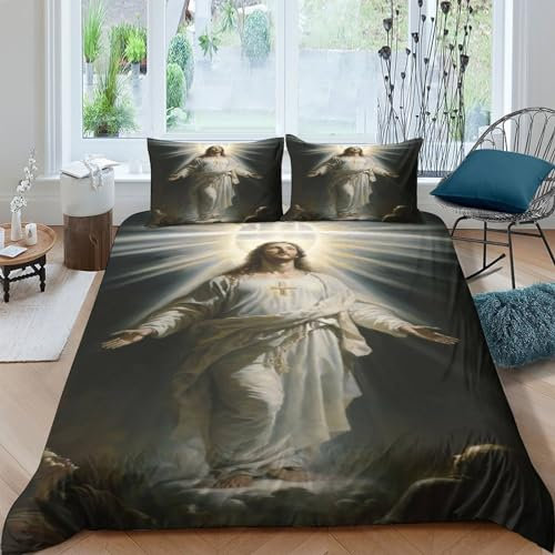 AAHARYA Jesus Parure De Lit pour Enfants Adulte Jesus Parure Housse De Couette Housse De Couette 3D Chambre Décor 3Pcs Double（200x200cm）