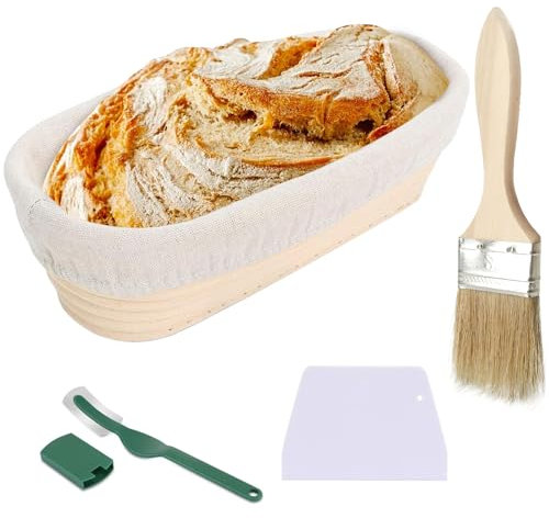 Cesta de Fermentación Banneton 25x15x8 cm Con Tela de Lino, Raspador de Masa, Cuchillo de Panadero y Cepillo - Ratán Natural Para Pan y Masa