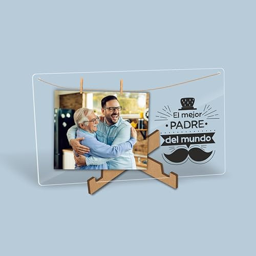 seribas Portafotos con Pinzas Acrilico Transparente - Ideal Regalos Originales, Regalos Personalizados, Regalo hombre, Regalos para mujer, Cuadros Decoración, Marcos de Fotos. (El mejor padre)