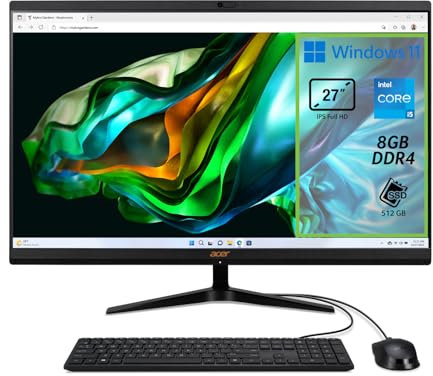 Acer Aspire C27-1800 Computer Fisso All in One, Pc Desktop, Processore Intel Core i5-12450H, Ram 8 GB DDR4, 512 GB SSD, Display 27 IPS FHD LED LCD, Intel UHD, Wifi, Webcam, Windows 11 Home