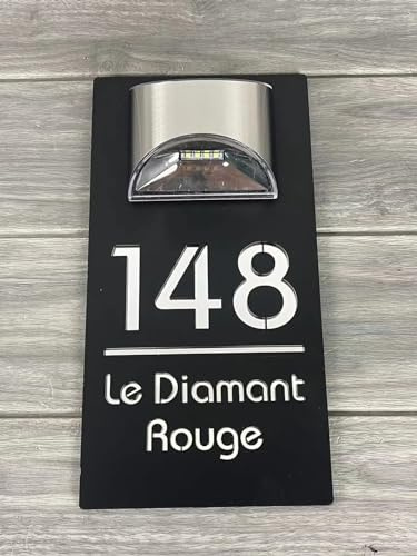 ZXH Plaque de porte solaire moderne personnalisée, panneau solaire personnalisé numéro de maison LED, noir argenté