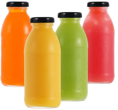 LIMILI Glasflaskor med lock, 4 st mjölkflaskor i glas med lock, 300 ml dricksflaskor i klara glas, juiceflaskor, smoothie, återanvändbara mjölkflaskor för proteinförberedelse, kylskåp och