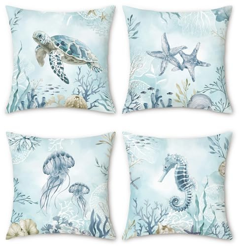 Bonhause 4er Set Kissenbezüge Küsten 45 x 45 cm Meeresschildkröte Seepferdchen Strand Dekorative Kissenhülle Ozean Blau Zierkissenbezüge für Sofa Zuhause Patio Dekoration