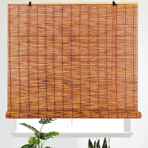 Aussen Bambusrollo Wetterfest Bambus Rollos 80 90 100 120 130 140 160cm Breit Vorhang aus schilf Lichtfilternde Bambus Jalousine Für Innen Gärten Fenster Sichtschutz Rollo(Farbe:Carbonization color)