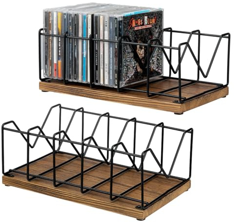 MyGift 2 Pcs CD Rack Stand Holder, DVD Tower, Tabletop Compact Disc Case Organizer Storage - Holds 50 Jewel Cases, Vintage Rustic Burnt Solid Wood and Matte Black Metal