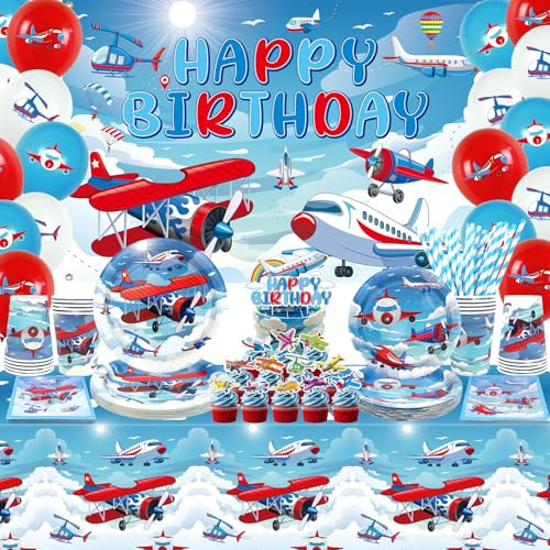 Airplane Birthday Decorations - Airplane Party Supplies, Plates, Cups, Napkins, Tablecloth, Happy Birthday Backdrop, Balloon, Cake Toppers for Plane Theme Party, Baby Shower Supplies
