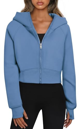 Timuspo Damen Cropped Hoodie Kurz Sweatjacke mit Kapuze Zip Up Kapuzenjacke Fleece-Innenfutter Kapuzenpullover Reißverschluss Herbst Winter Sweatshirt Jacke