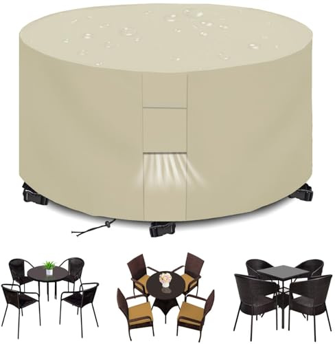 Ryanbem Housses pour Mobilier de Jardin Exterieur Imperméable Housse Table de Jardin Protection avec Grilles D'aération Housse Salon de Jardin 420D Rond Bache Table Anti-UV Beige 120x75cm(47x30)