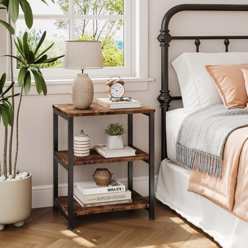 Dripex 3 Tier Rustic Brown End Table, Wooden Bedside Table with Metal Frame
