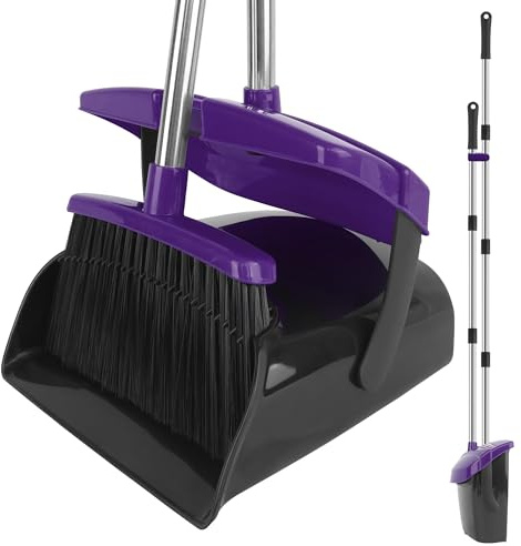 Broom and Dustpan Set, 51 Long Handle Broom with Dustpan Combo Set, Windproof and Self-Cleaning Teeth, Purple Household Dust Pan Set Sweep Kitchen Office Lobby Pet Room