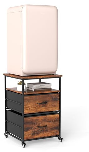 Turosur Mini Fridge Stand with Storage-Kitchen Storage Trolley with Load Capacity 167kg-Kitchen Island Cart with Wheels-Refrigerator Stand with Metal Frame-50x50x70CM-Black-Wooden (Vintage Brown)