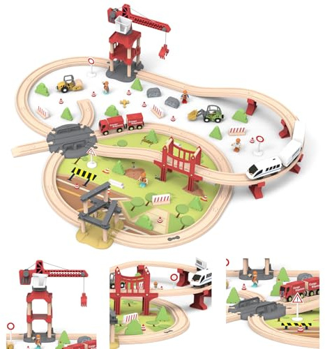 JugueteLand 104 Pcs Wooden Train Toy Set for Toddlers, Magnetic Trains with Track for Kids Ages 3-6, Compatiable with Major Brands, Construction Railway Playset Gifts for Boys and Girls Ages 3+